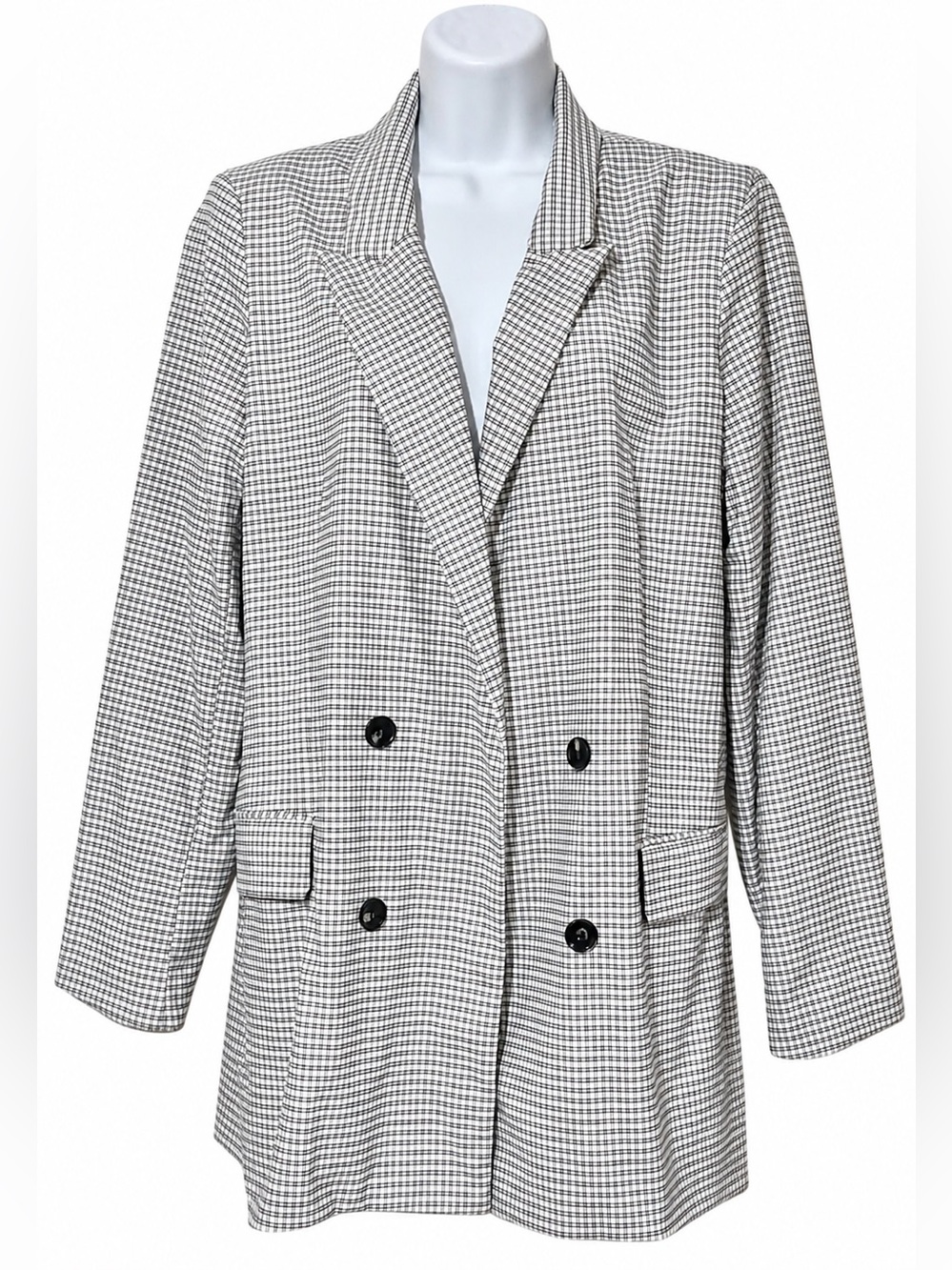 Rachel Zoe Women’s Gray and White Houndstooth Double-Breasted Long Blazer Size L